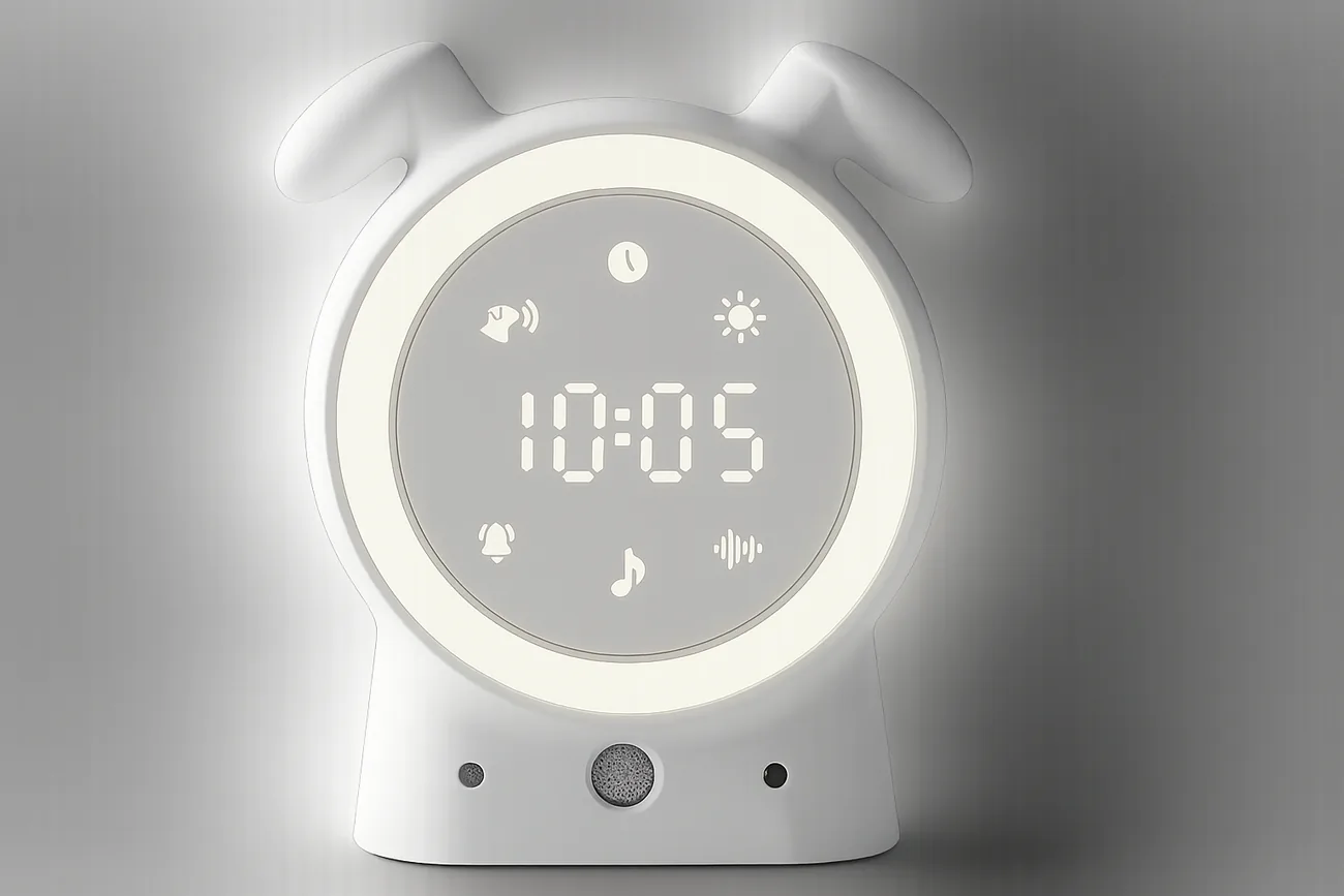 Front view of the SilentBuddy device with its light ring glowing and the display showing 10:05