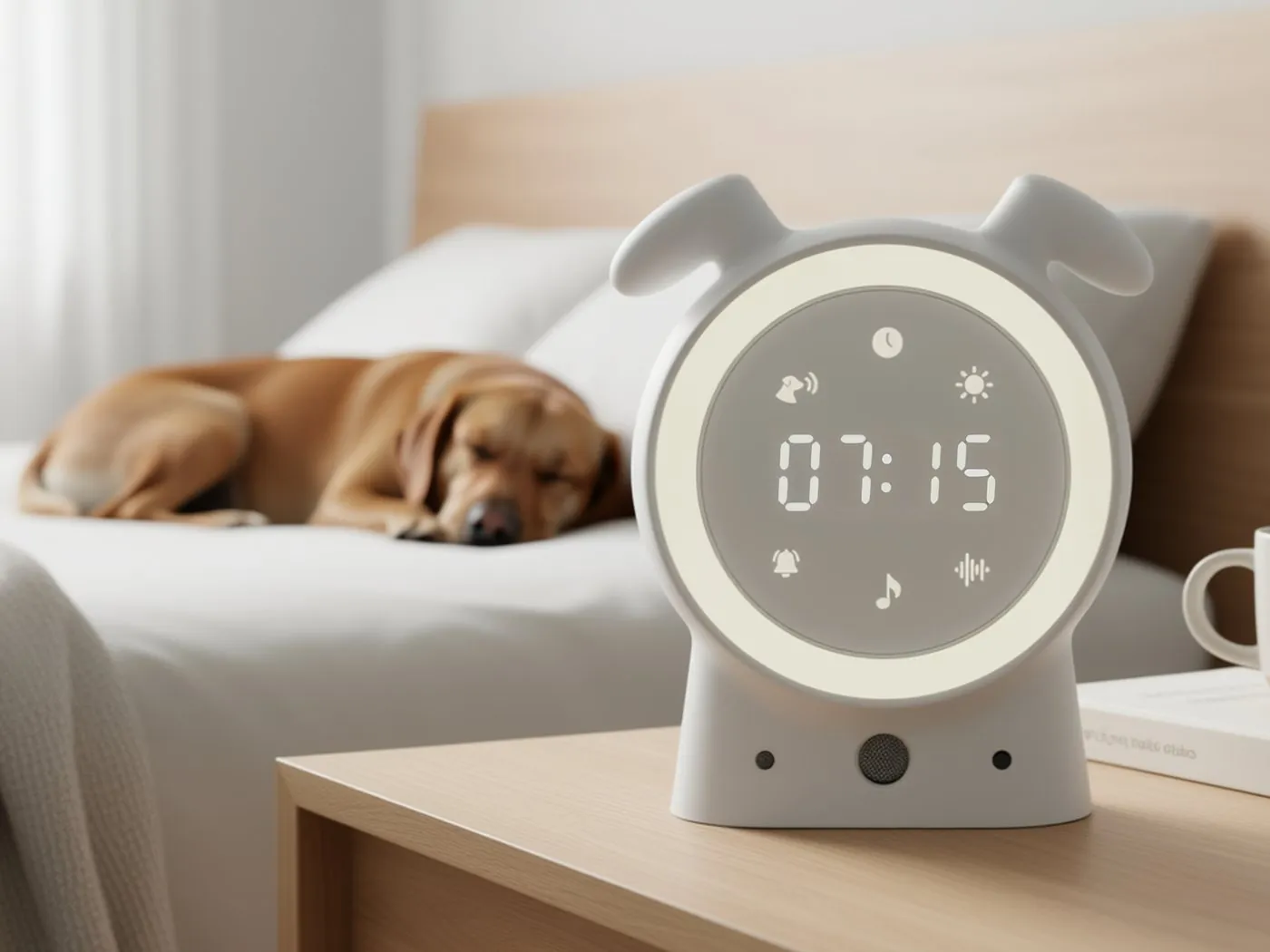 SilentBuddy on a bedside table showing 07:15 while a dog sleeps peacefully on the bed behind it